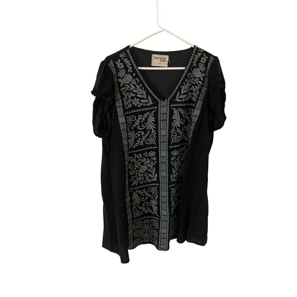 Savannah Jane Women's Black Embroidered Bohemian Cap Sleeve Mini Dress - 1X